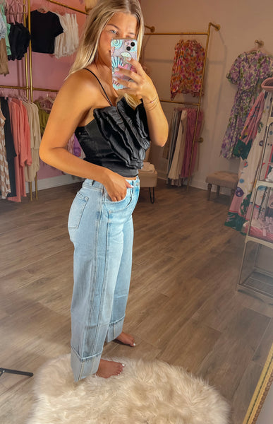 High Rise Cuff Baggy Wide Leg Jeans