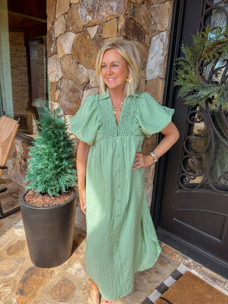 Sage Garden Party High-Low Midi Dress