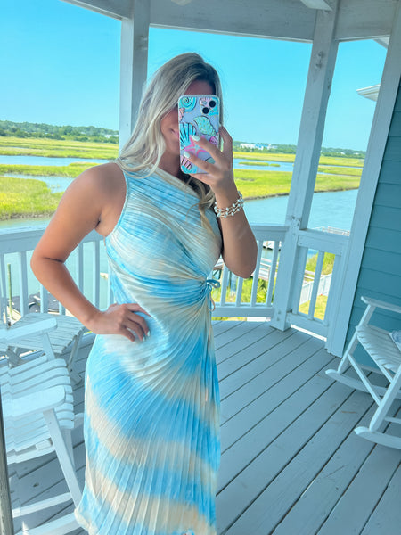 Sea Blue & Sand Printed Pleated Asymmetrical Dress