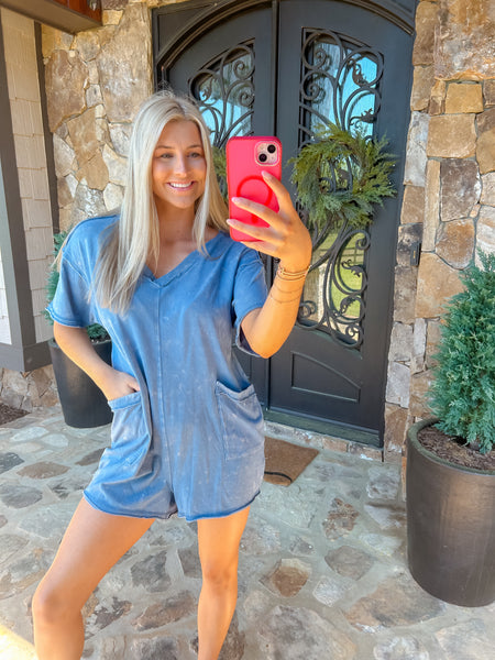 Blue Oversized Washed Knit Romper