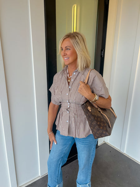 Coco Stripe Button Down Pleated Blouse