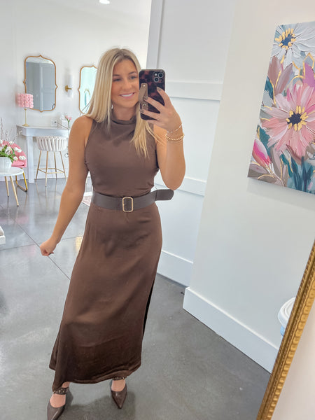 City Socialite Satin Belted Brown Dress