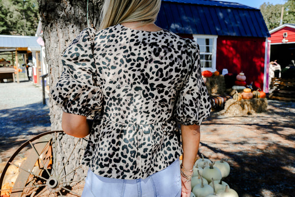 Lovely In Leopard Puff Sleeve Peplum Top