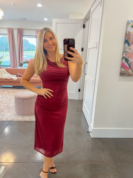 Champagne Toast Dark Rose Mesh Midi Dress