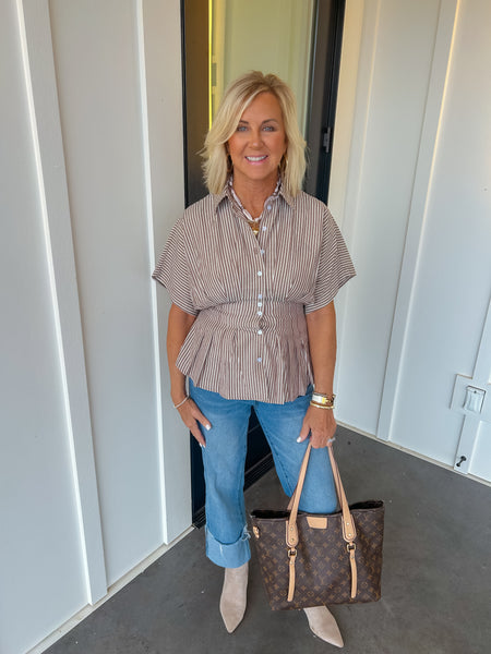 Coco Stripe Button Down Pleated Blouse