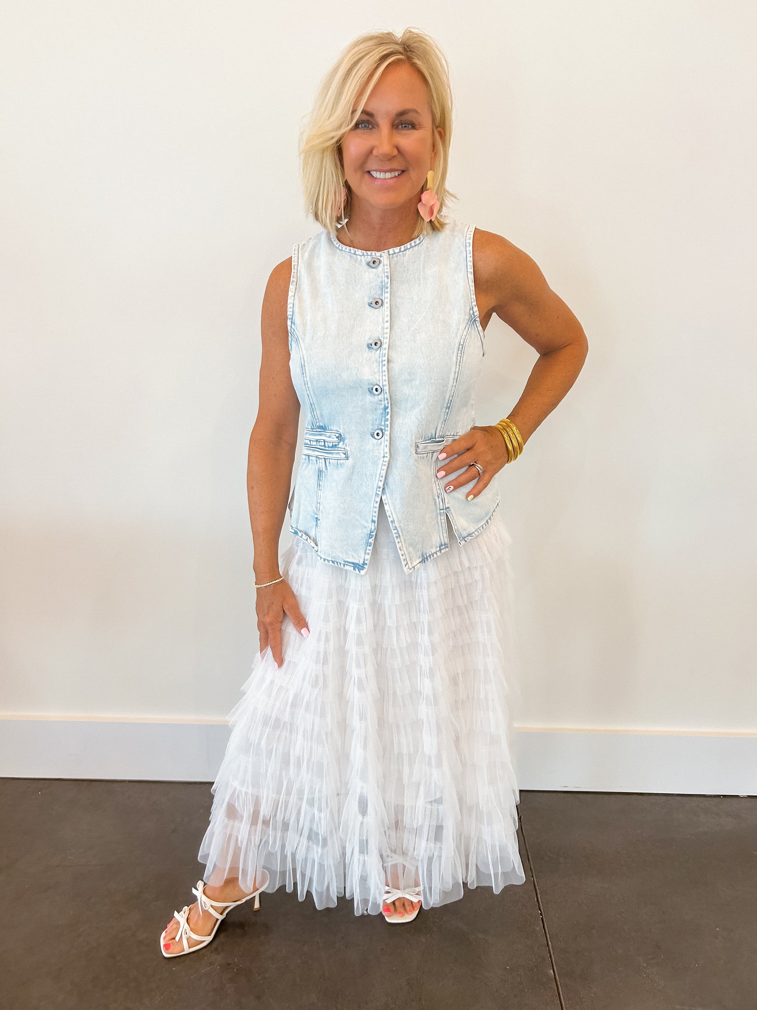 Tiered Tulle Layered White Midi Skirt