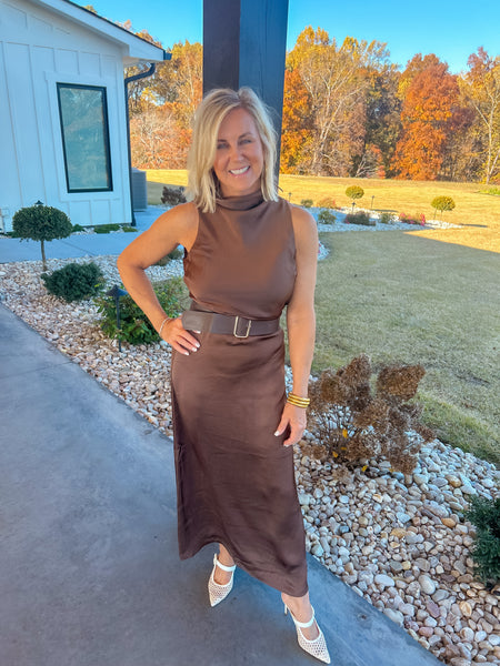 City Socialite Satin Belted Brown Dress