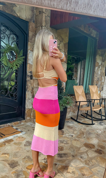 Yacht Bound Pink Multi Backless Bodycon Midi Dress