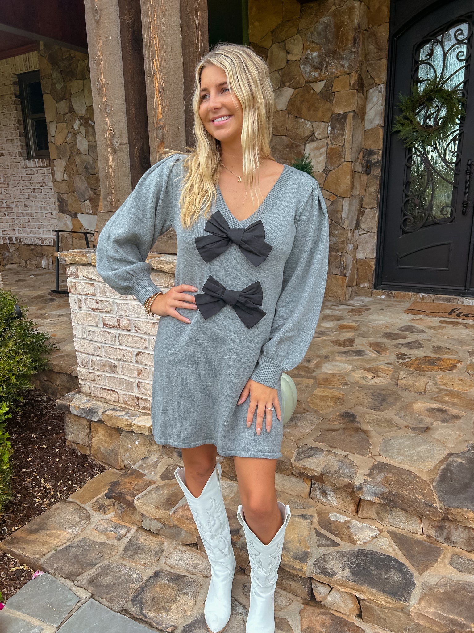 Small Town Cutie Oversized Grey Sweater Dress With Bows