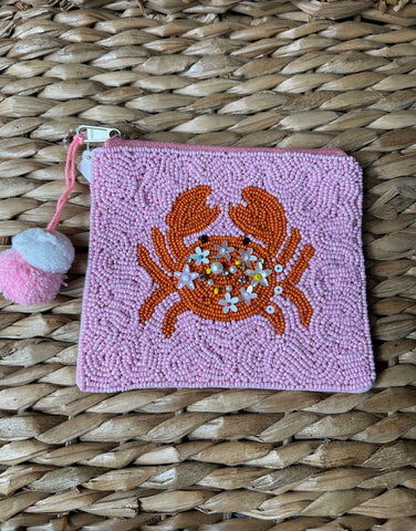 Pink Crab Coin Purse With Pom Poms