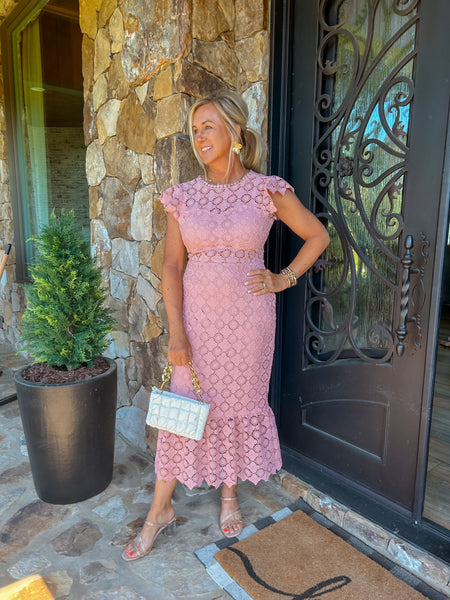 Pink Eyelet Lace Ruffle Midi Dress