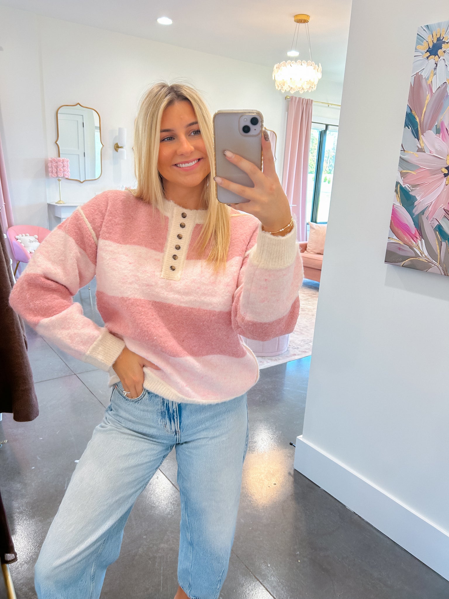 Coffee Shop Cuddles Pink Knit Stripe Sweater