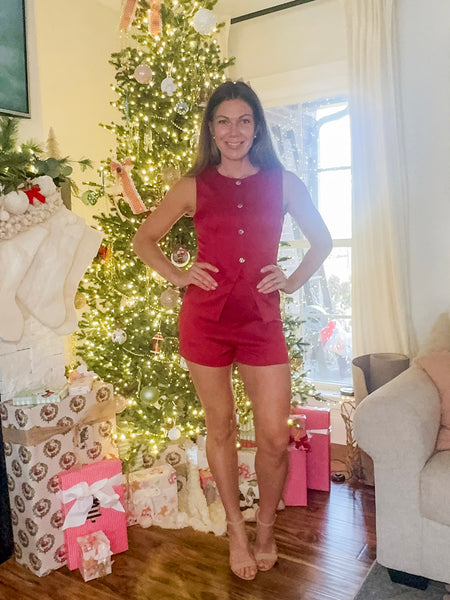 Cheers To This Red Button Down Vest & Shorts Set