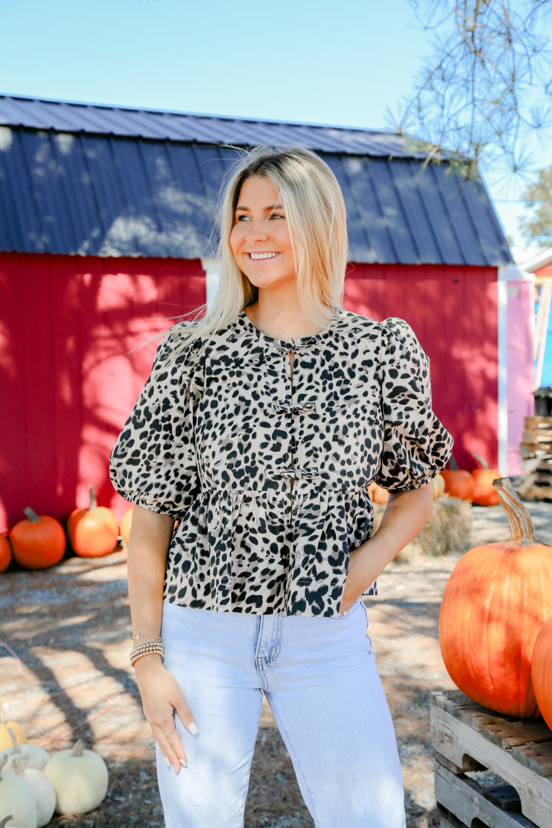 Lovely In Leopard Puff Sleeve Peplum Top