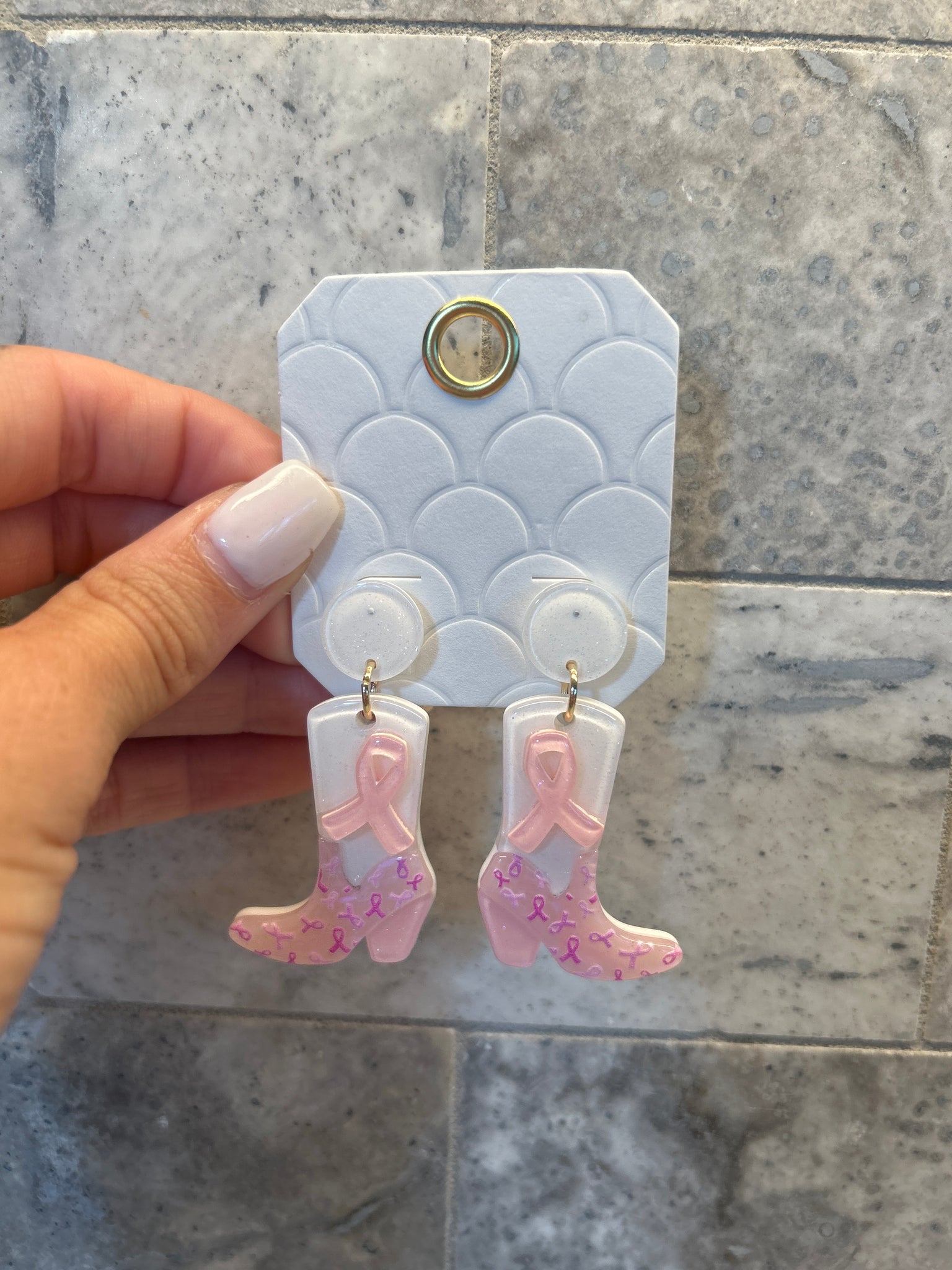 Pink Ribbon Cowboy Boots Earrings