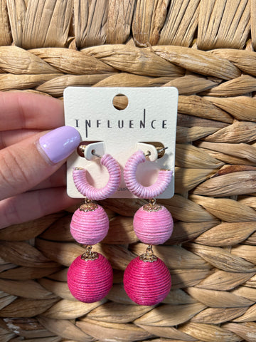 Linked Raffia Ball Dangle Pink Earrings