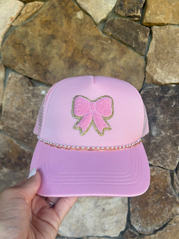 Pink Bow Hat With Pearl & Gold Chain