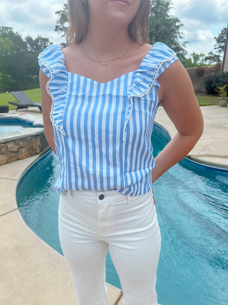 Blue & White Striped Tie Back Ruffle Trim Top