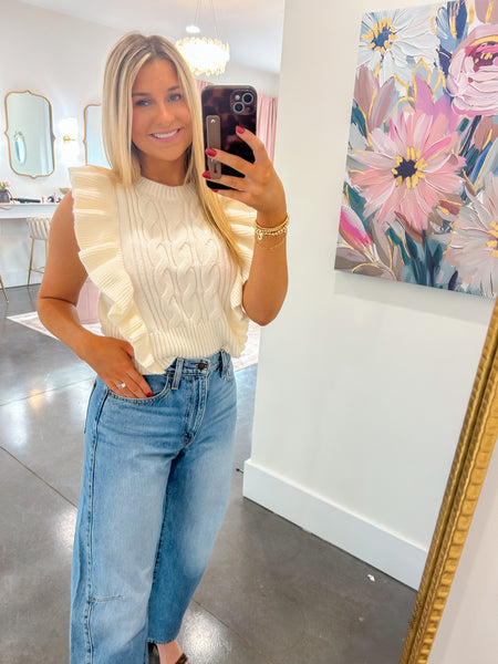 Cozy Couture Ivory Cable Knit Sweater Vest W/ Ruffles