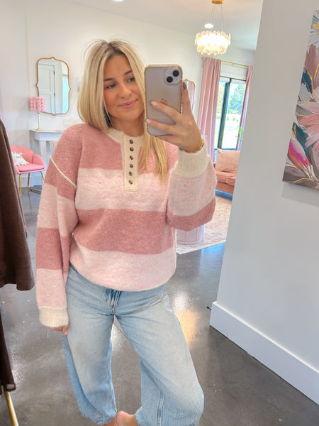 Coffee Shop Cuddles Pink Knit Stripe Sweater