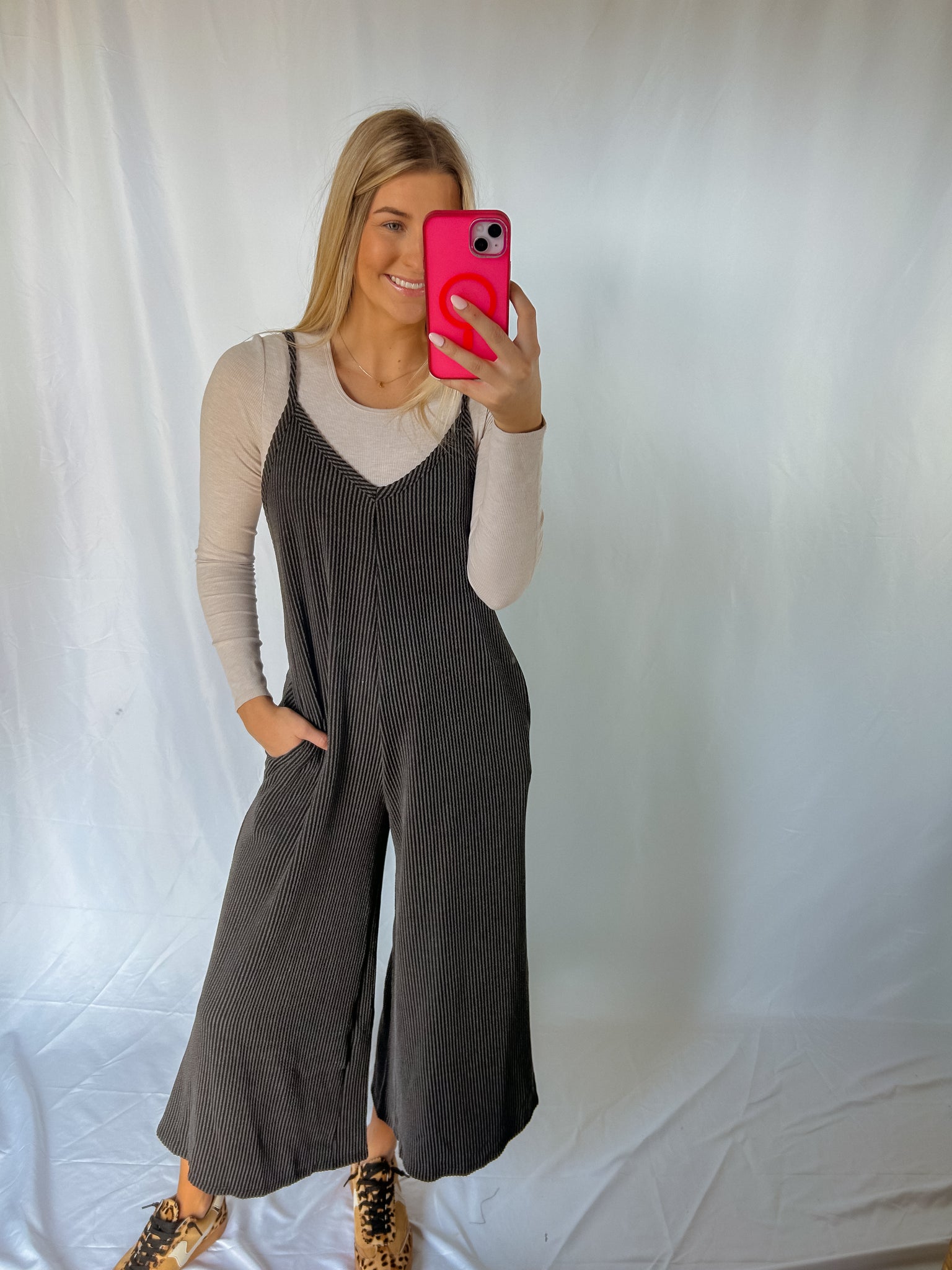 Black Wide Leg Textured Knit Jumpsuit