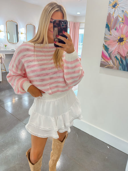 Paisley Striped Knit Off The Shoulder Sweater