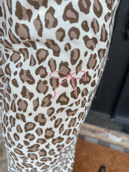 Dream Big Cream & Brown Leopard Crew Neck With Pink Bow Detail & Sweatpants Set