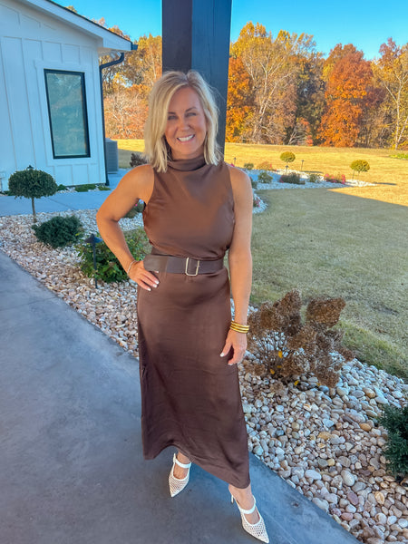City Socialite Satin Belted Brown Dress