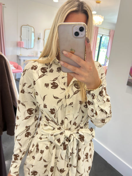 Evening Bloom Floral Mini Dress W/ Waist Tie