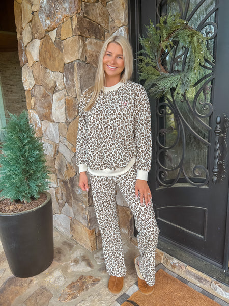 Dream Big Cream & Brown Leopard Crew Neck With Pink Bow Detail & Sweatpants Set