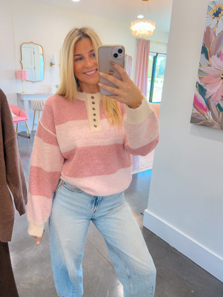 Coffee Shop Cuddles Pink Knit Stripe Sweater