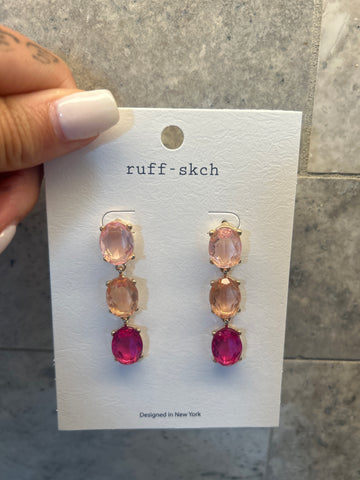 Pink/Gold Glass Oval Linear 3 Drop Earrings