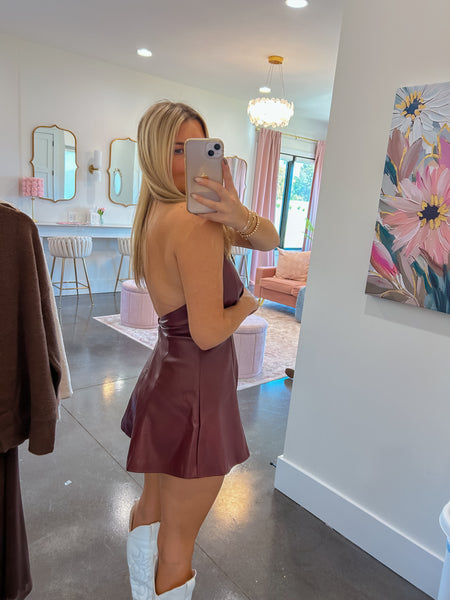 Red Wine Faux Leather Halter Neck Romper