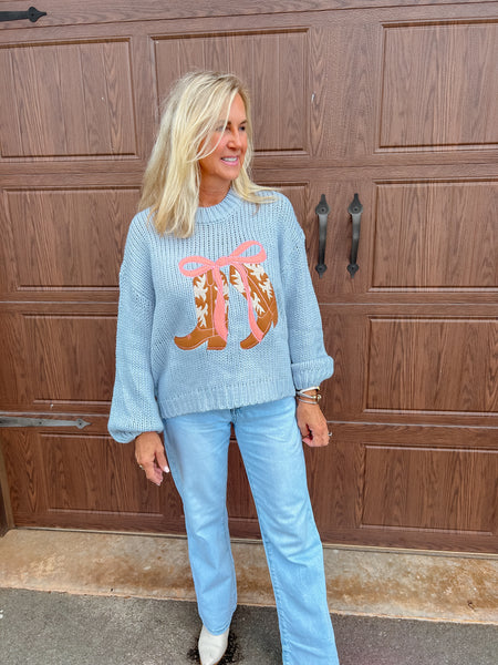 Dusty Blue Cowboy Boot Ribbon Knit Sweater