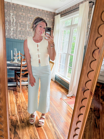 Seafoam Wide Leg Pants With Button Detail