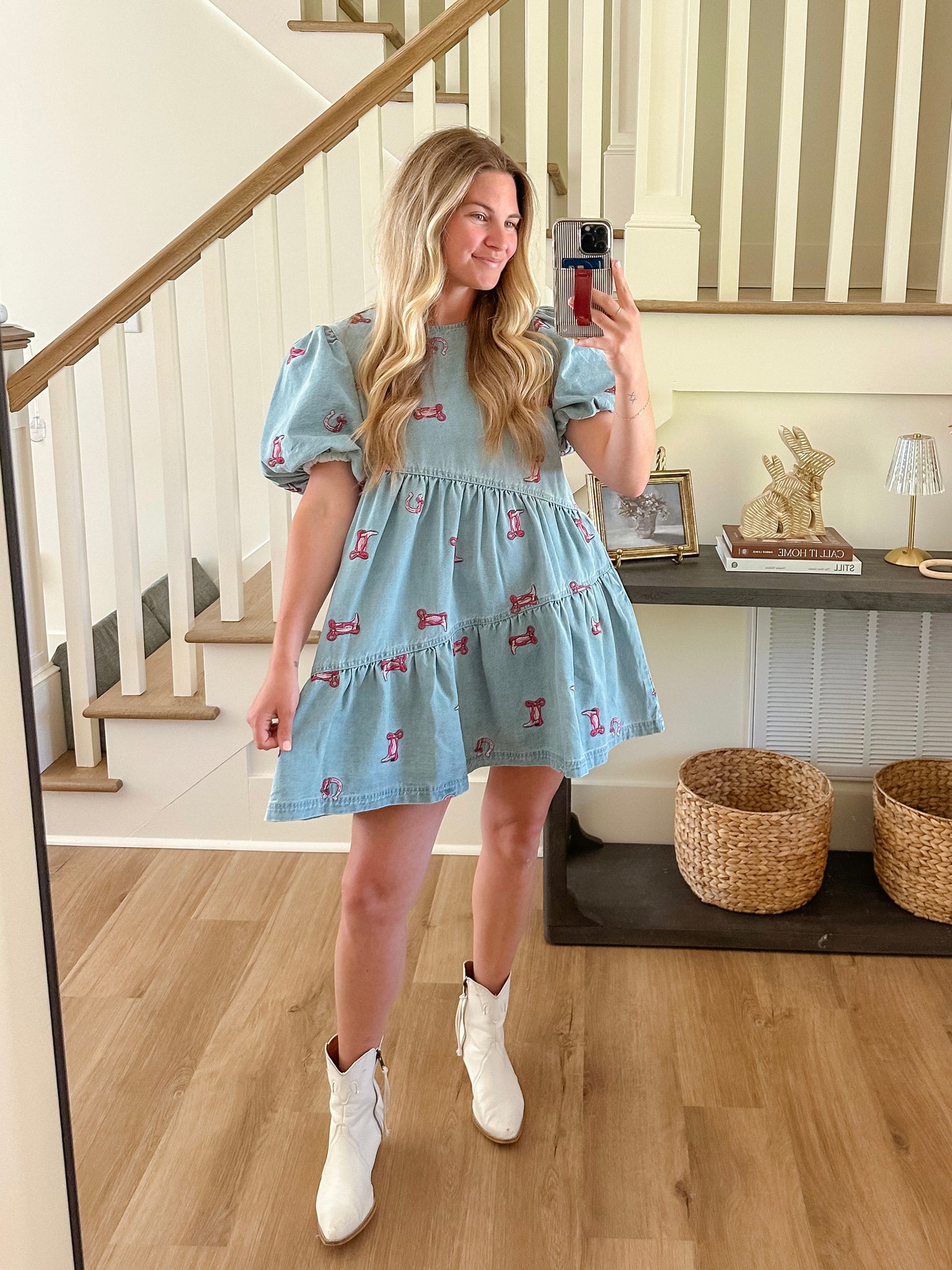 Lets Rodeo Pink Cowboy Boot Denim Dress