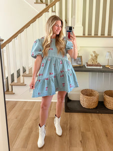 Lets Rodeo Pink Cowboy Boot Denim Dress