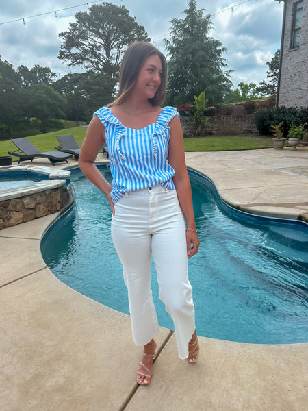 Blue & White Striped Tie Back Ruffle Trim Top