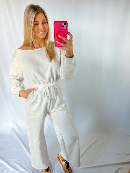 Ash Grey Long Sleeve Shoulder Wide Jumpsuit