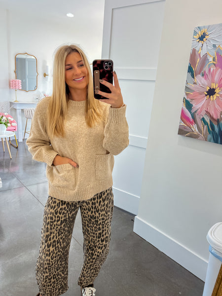 Comfy Chic Taupe Front Patch Pocket Sweater