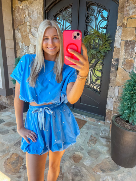 Feeling Chic Blue Cotton Terry Pearl Bubble Hem Set