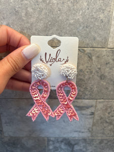 Beaded Pink Ribbon Earrings