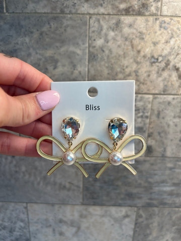 Gold Diamond Pearl Bow Earrings