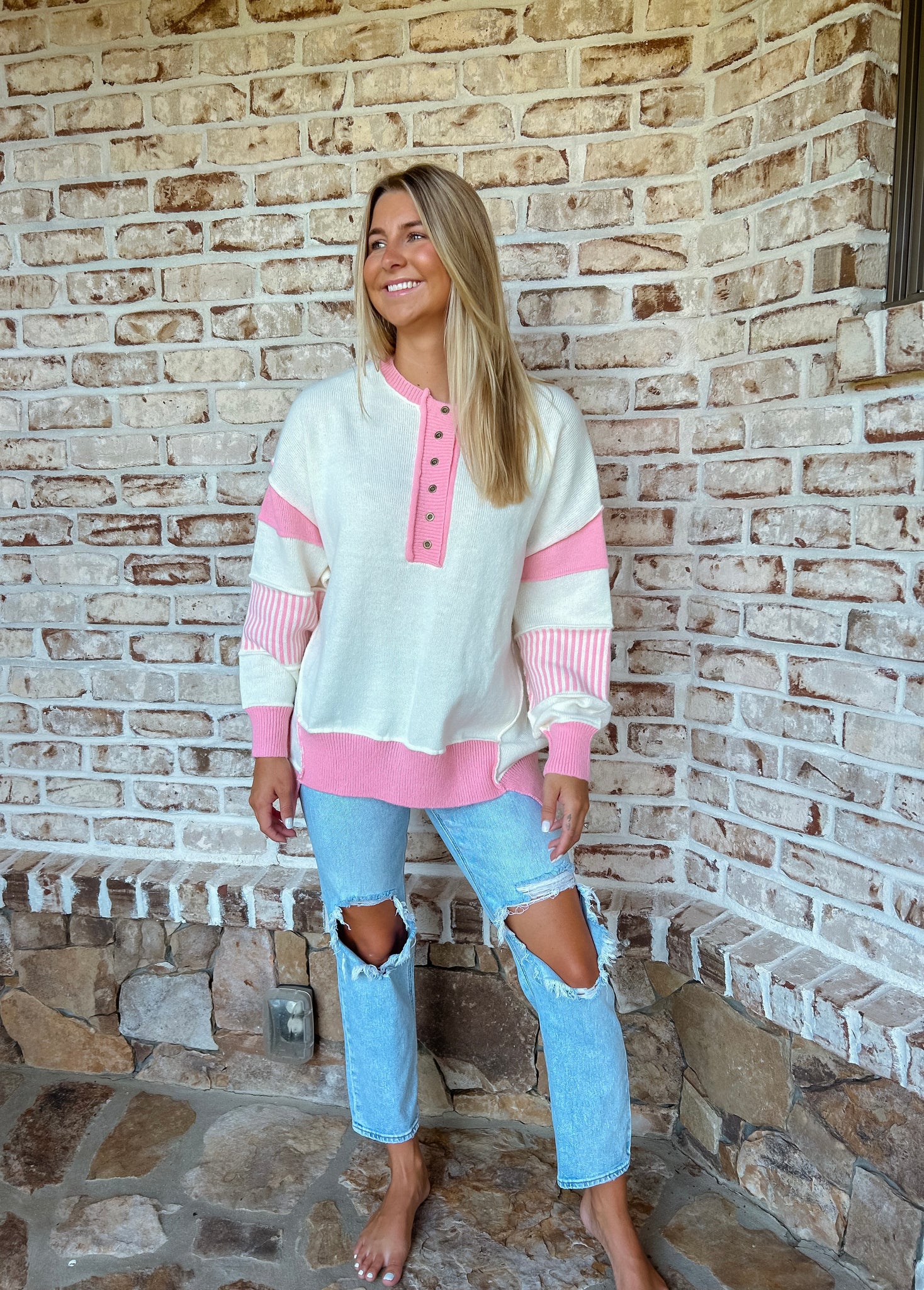 Totally Chic Ivory & Pink Oversized Sweater