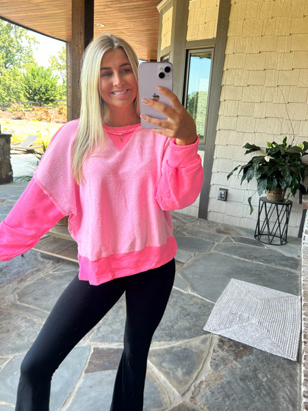 Neon Pink Raw Edge Detail Contrast Sweatshirt