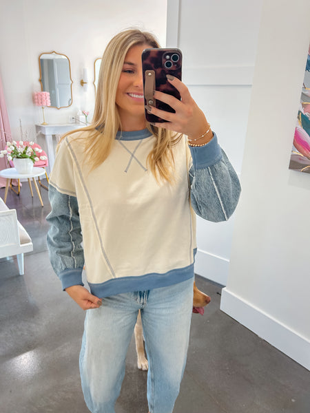 Casual Look Mix Denim Sleeve Knit Top