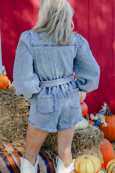 The Nora Front Zip Washed Denim Romper