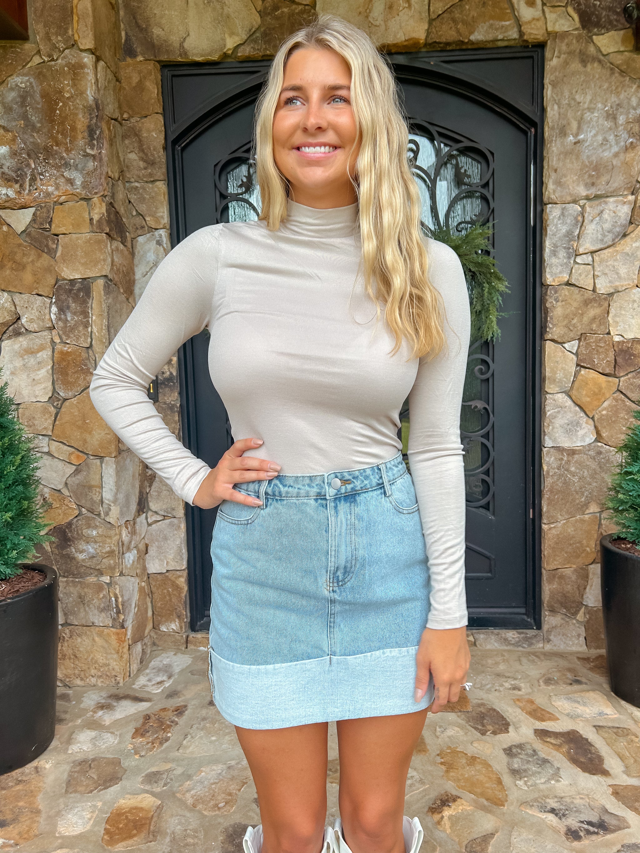 High Waisted Cuffed Denim Mini Skirt – Briella Boutique