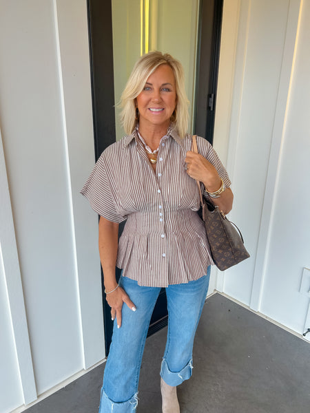 Coco Stripe Button Down Pleated Blouse