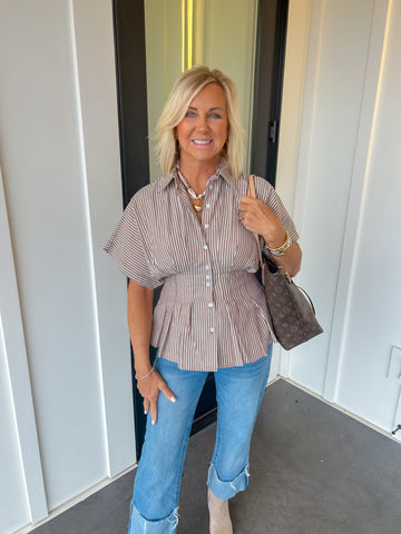Coco Stripe Button Down Pleated Blouse